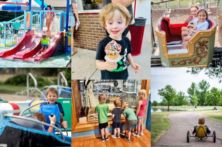 A composite featuring six images of gift experiences in Aberdeen: Aberdeen Aquatic Center slides, Twist Cone, Storybook Land Roller Coaster, Thunder Road Bumper Boats, Dacotah Prairie Museum, Roll-Out Bike Rentals
