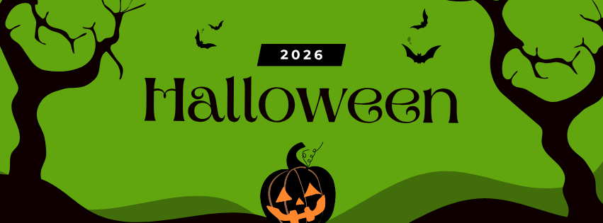 Halloween 2026 Events A jack-o-lantern in with bare trees and bats on a field of green.